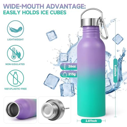 Volhoply 26oz Uninsulated Single Walled Water Bottle, Stainless Steel Reusable Water Bottles with Handle & Carabiner, BPA Free Wide Mouth Water Bottles for Gym Sports Camping（Purple Green,1） - color: Purple Green