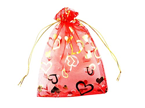 QIANHAILIZZ 100 Pack 5 x 7 Inch Organza Jewelry Gift Pouch B381, Red Heart - color: red heart