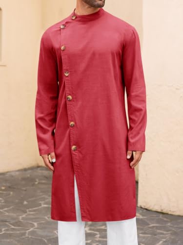 Runcati Mens Kaftan Thobe Button Down Long Sleeve Robe Casual Henley Shirt Cotton Muslim Gown Kurta Tops - color: Burgundy, size: X-Large