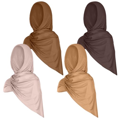 Vabean 4 Pcs Instant Hijab for Women Jersey Hijabs Pinless Ramadan Islamic Muslim Head Wraps Premium Head Scarf Shawl turban - color: Vanilla, Camel, Dark Ginger, Dark Brown