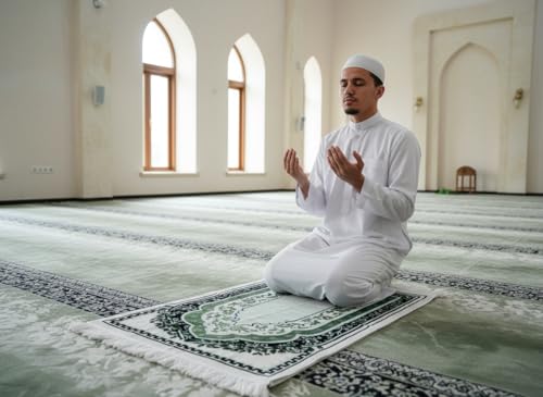 Islamic Prayer Rug with Traditional Mihrab Design, Geometric Arch Pattern, Polyester Material, 27.6x43.3 Inches, Low Pile with Fringed Edges (Green) - color: Green
