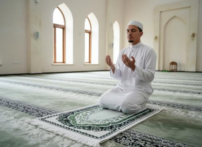 Islamic Prayer Rug with Traditional Mihrab Design, Geometric Arch Pattern, Polyester Material, 27.6x43.3 Inches, Low Pile with Fringed Edges (Green) - color: Green