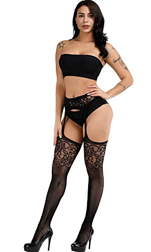 E-Laurels Womens High Waist Patterned Fishnet Tights Suspenders Pantyhose Thigh High Stockings Black - color: Black A1