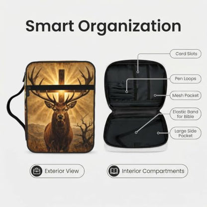 Cross Hunting Deer Bible Cover Case with Handle and Zippered Pocket - color: Cross Hunting Deer