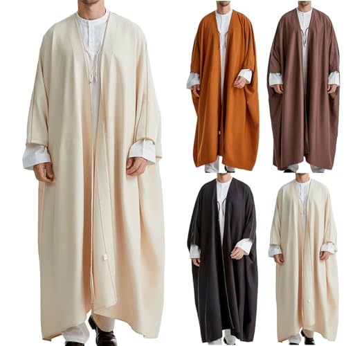 Men's Ramadan Eid Thobes Muslim Dubai Ethnic Robe Thobe Caftan Long Sleeves Saudi Arab Bisht Cardigan Kaftan Clothes - color: Black, size: Large