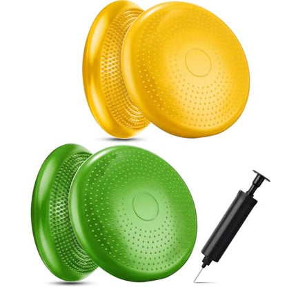 Outus 2 Pcs Balance Disc Inflated Wobble Cushion for Sensory Kids 13. 4 Inch Wiggle Seat Flexible Seating with Hand Pump for Kids Men Women Classroom Exercise Office Home Chair - color: Yellow, Green