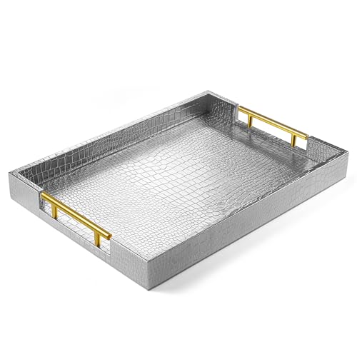 ATZYmolin 17"x12" Leather Serving Tray, Gold Handle Vanity Platter, Silvery - color: Alligator Silver, size: 17" x 12" x 1.8"