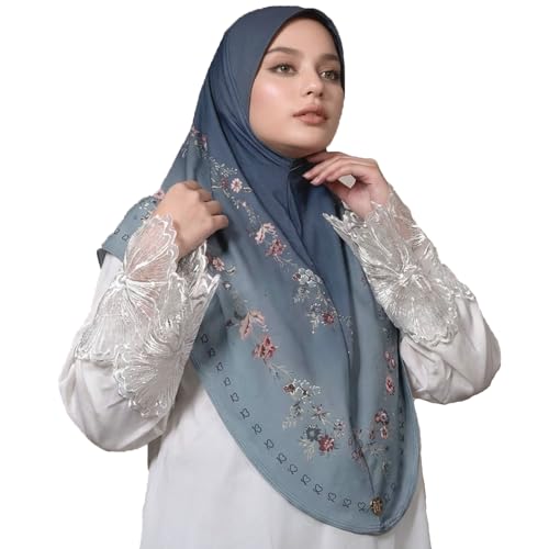 Instant Hijab For Women Ready To Wear Printed Floral Ombre Hijabs Islamic Abaya Turban Muslim Slip-On Khimar Hijab - color: 5# Haze Blue