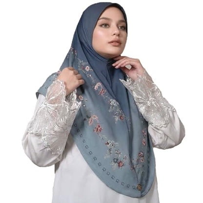 Instant Hijab For Women Ready To Wear Printed Floral Ombre Hijabs Islamic Abaya Turban Muslim Slip-On Khimar Hijab - color: 5# Haze Blue
