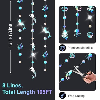 105FT Iridescent Mermaid Bubble Garlands, Holographic Under The Sea Party Hanging Decorations, Ocean Ceiling Streamers, Birthday Wedding Baby Shower Decor, Beach Pool Nautical Theme Party Supplies - size: 105 Iridescent Mermaid