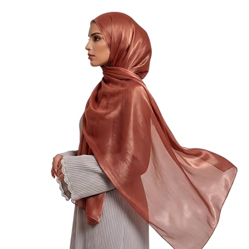 Organza Sheen Shimmer Crepe Hijab Scarf for Women Lightweight Sheer Shawl Wrap for Wedding and Evening Dresses - color: Rust