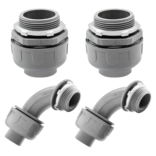 4 Pack 1-1/4 Inch Liquid Tight Connectors - PVC Electrical Conduit Fittings, Straight, 90 and 180 Degree Non-Metallic Flexible Connectors for Home, Bathroom, and Kitchen, Gray - size: 1-1/4 Inch 4-Pack (90D+180D)