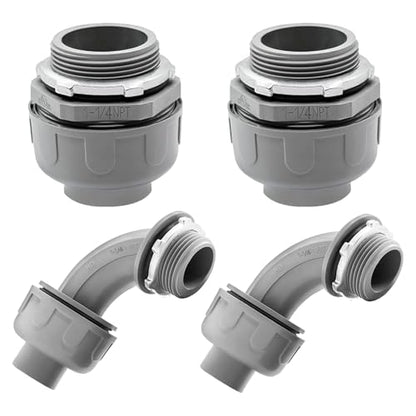 4 Pack 1-1/4 Inch Liquid Tight Connectors - PVC Electrical Conduit Fittings, Straight, 90 and 180 Degree Non-Metallic Flexible Connectors for Home, Bathroom, and Kitchen, Gray - size: 1-1/4 Inch 4-Pack (90D+180D)
