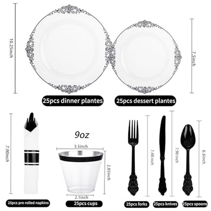 Hioasis 175pcs Clear and Black Plates - Black Party Plates for 25 Guest, Include 50 Heavy-duty Plates(20% Thicker Than Standard), 25 Pre Rolled Gold Plastic Silverware Set, 25 Cups - color: Clear and Black