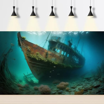 Underwater Shipwreck Aquarium Background Ocean Bottom Abandoned Ship Wreck Fish Tank Background Undersea Rusty Sunken Ship Terrarium Backgrounds Sunken Pirate Ship Reptile Tank Backgrounds 24x16in - color: Blue_Green, size: 24(W)x16(H)in