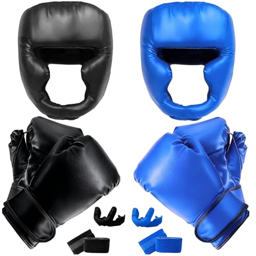 14 Pcs Boxing Set Boxing Equipment Set for Beginners Including 2 Pair of 6 oz Boxing Gloves Headgear Helmet Hand Wraps Mouth Guards Gifts Training Equipment - color: Black & Blue