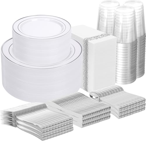 Supernal 800Pcs Silver Plastic Plates,Silver Plastic Dinnerware Set,Disposable Silvery Plates Include 100 Dinner Plate,100 Salad Plate,100 Spoons,200 Forks,100 Knives,100 Cups,100 Napkins for Party - color: 800pcs White and Sliver Plastic Dinnerware Set