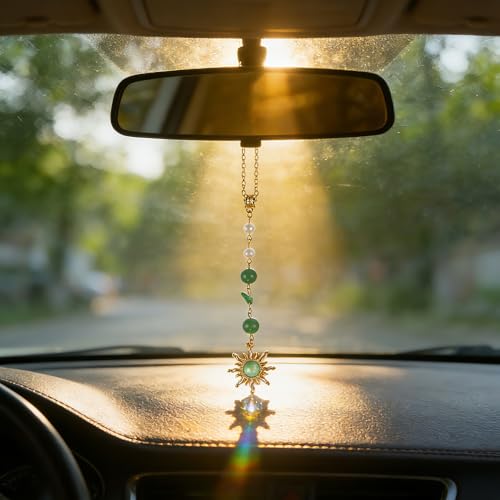 Cross Crystal Hanging Car Charm - Healing Stones Rear View Mirror Decor, Boho Handmade Sun Catcher Ornament with Tiger Eye & Sunflower Amethyst- Meaningful Gift for Women, Friends, Car Lovers - color: Sun/Green