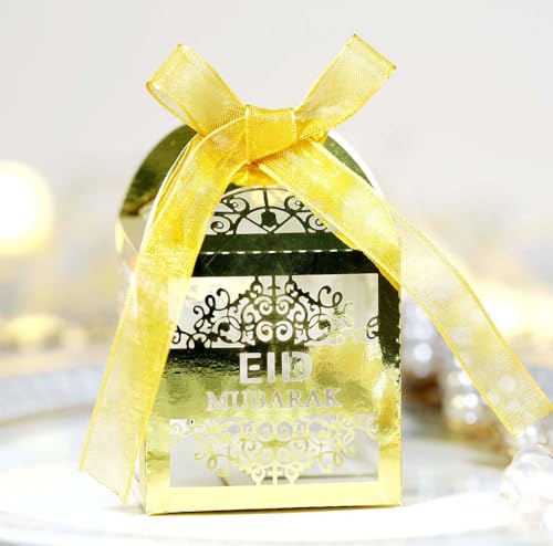 Steedna 50 Pack Square Chocolate Gift Box Hollow Out EID Wedding Party Favors Laser Cut Candy Boxes MUBARAK Party Favors Chocolate Box Ideal for Weddings, Birthdays & Anniversaries (Ref-Gold) - color: Ref-Gold
