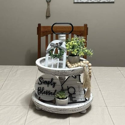 Houmury Rustic Farmhouse Tiered Tray Set with Succulent & Plant - Home Decor for Kitchens (Set of 8 Without Trays)
