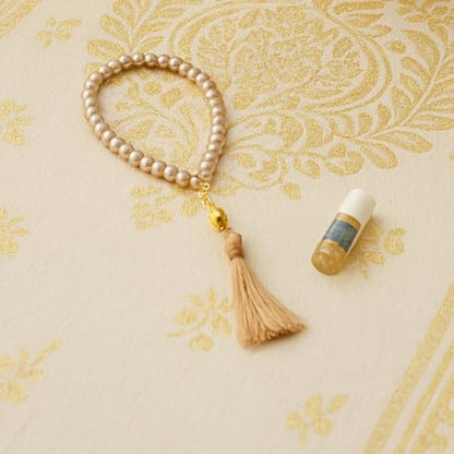 Islamic Prayer Rug 4 Pcs Gift Set with Kaaba Design Box | Sajadah, Tasbih, Perfume | Suitable for Ramadan, Eid, Travel, or Home (Gold, Standart) - color: Gold