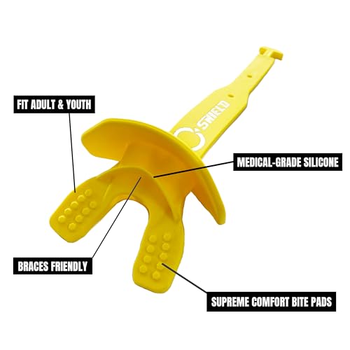 O Shield Striker Football Lip Guard with Permanent Strap | Football Lip Guard with Permanent Strap — Front Teeth, Lip, and Full Bite-Surface Coverage, No-Boil Ready Fit - color: Yellow / Gold