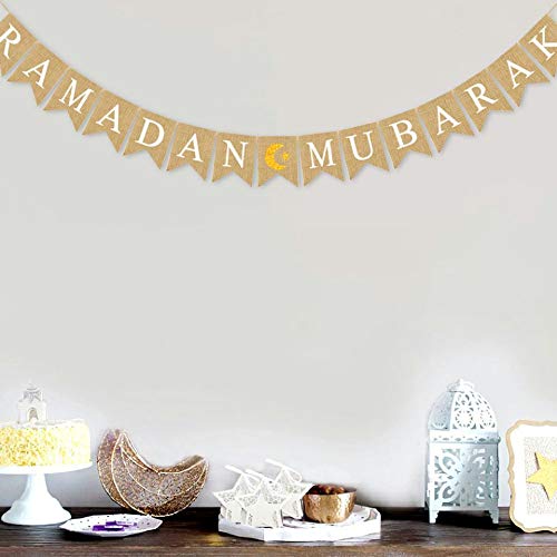 SWYOUN Burlap Ramadan Mubarak Banner Supplies With Glitter Moon and Star Signs Mantel Fireplace Decoration