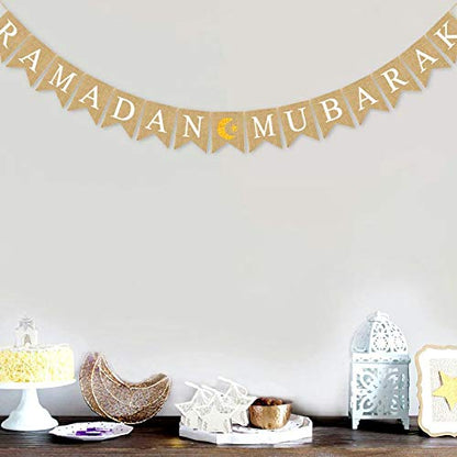 SWYOUN Burlap Ramadan Mubarak Banner Supplies With Glitter Moon and Star Signs Mantel Fireplace Decoration