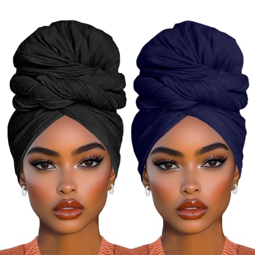 COOKOO 2 Piece Stretch Jersey Head Wrap Fashion Head Scarf Knit Turban Urban Hairband Long Solid Color African Shawl Long Head Band for Black Women(Black+Navy Blue) - color: Black+Navy Blue
