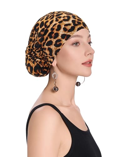 ZLYC Hijab Cap for Women Lightweight Undercap with Bun Loop Underscarf Hat - color: Leopard Brown