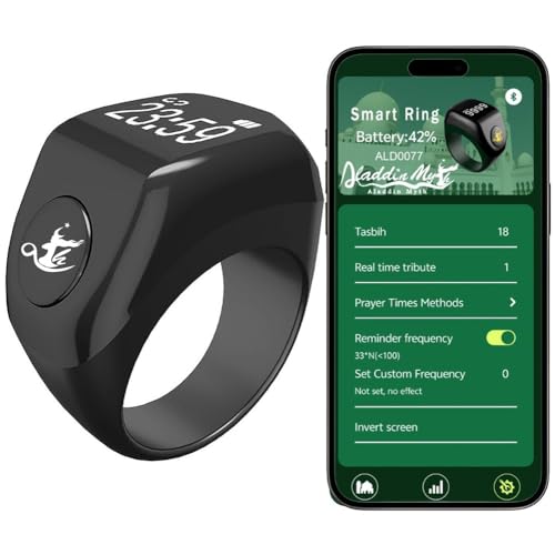 Aladdin Myth Multifunctional Tasbih Prayer Smart Ring, Tasbeeh Counters, Prayer Direction Indicator Guide, 5 Azan Alarm Clock, Electronic Rosary, Step Counting, Heat Rate, SPO2, Blood Pressure, Black