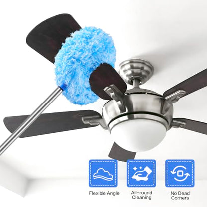 Ceiling Fan Cleaner Duster Reusable Microfiber Ceiling Fan Blade Cleaner Removable Duster with Extension Pole Adjusts 13 to 49.7 Inch for Cleaning Walls Furniture Door Window Top (Blue White) - color: Blue White