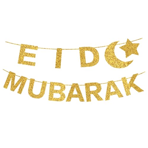 Totelux Eid Mubarak Banner Decorations Glitter Moon Star Sign Hanging Banner for Outdoor Home Eid Islamic Muslim Festive Party Decor Supplies Gold