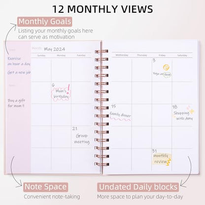 Undated Weekly and Monthly Planner Spiral Bound- Weekly Goals Notebook, To Do List, Habit Tracker Journal, Academic, Aesthetic, Stylish School or Office Supplies (6.1" x 8.4" - Pink) - color: C-Pink