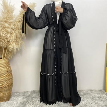 Abayas For Women Muslim Ramadan Long Sleeve Open Front Imitation Pearls Tiered Chiffon Dress Cardigan with Belt Dubai Kaftan - color: Black, size: Medium