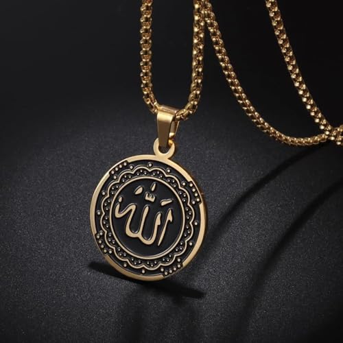 Islamic Allah Religious Amulet Stainless Steel Pendant Necklace Muslim Arabic Protection Jewelry Gift for Men Women - color: golden