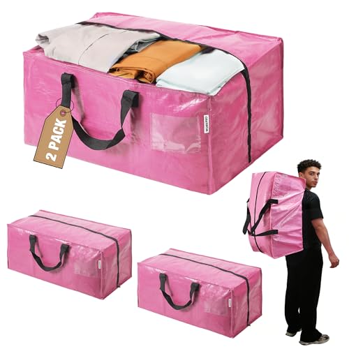 WORKPRO 2 Pack Extra Large Moving Bags with Backpack Straps & Handles | Heavy Duty Moving Storage Bags, Pink, Double Zippers for Moving, Dorm, Closet Storage, Travel & Space Saving - color: Pink, size: 2 Pack