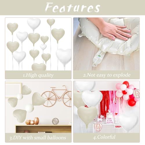 Cream White Heart Balloons, 10PCS Beige Foil for Boho Wedding Baby Shower - color: Cream White + White