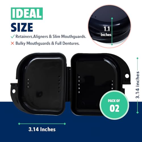 Retainer Case - Pack of 2 Black with Accessories - Odorless Mouth Guard Case-Retainer Holder-Ventilated, Durable Night Guard Case for Carrying and Protecting Braces,Dentures & Aligners