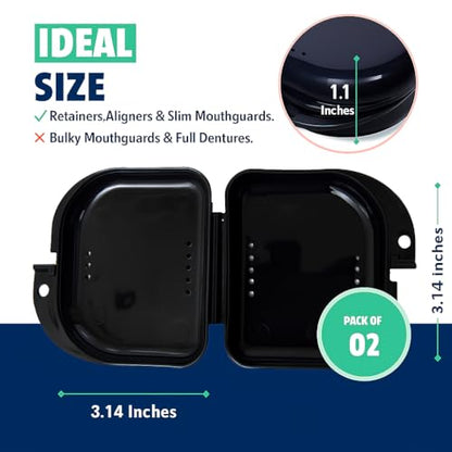 Retainer Case - Pack of 2 Black with Accessories - Odorless Mouth Guard Case-Retainer Holder-Ventilated, Durable Night Guard Case for Carrying and Protecting Braces,Dentures & Aligners