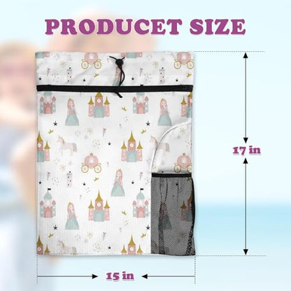 Pink Princess Castle Drawstring Backpack, 15” x 17” Waterproof Swim Bag for Beach Swimming Pool, Lightweight Foldable Gym Bag with Water Bottle Holder for Sports Travel - color: Princess Castle