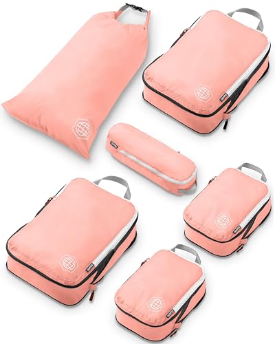 TRIPPED Travel Gear Compression Packing Cubes for Carry-On Travel 6-Pack - color: Coral Bloom, size: 6 Piece