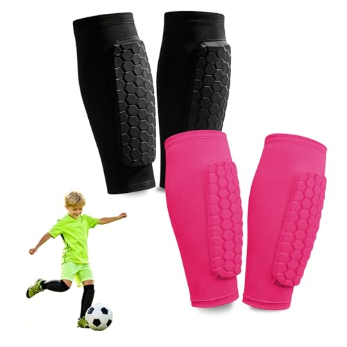2 Pairs Shin Guards Soccer Kids,Soccer Shin Guards Youth for Boys Girls Protective Gear,Calf Compression Sleeve with Honeycomb Pads for Pickleball Football Ski MTB - color: Black+Dark Pink, size: Small