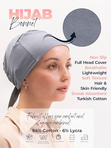 FabNest Women Hijab Undercap Islamic Muslim Under Scarf Hats Bonnet with Tie Back Non-Slip Breathable and Snug-Fit - color: Black + Gray (2pcs)