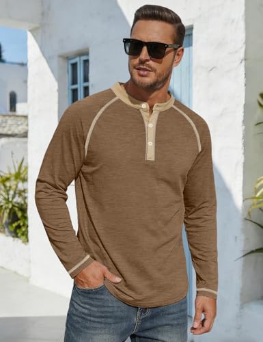 Men's Henry Long Sleeved T-Shirt Cotton Casual Button Lightweight Pullover Shirt Soft Stretch Tees Tops Heather Camel : Clothing, Shoes & Jewelry