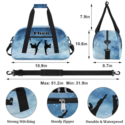 Custom Sport Bag for Boys, Taekwondo Silhouette Blue Starry Night | Personalized Named Practice Travel Overnight Training Bag - color: Color 4