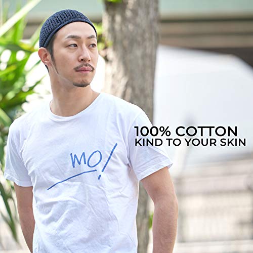 100% Cotton Skull Caps for Men, Knit Kufi Hat for Muslim Prayer, Women's Mesh Crochet Beanie, Ideal Head Wear During Summer - color: Navy