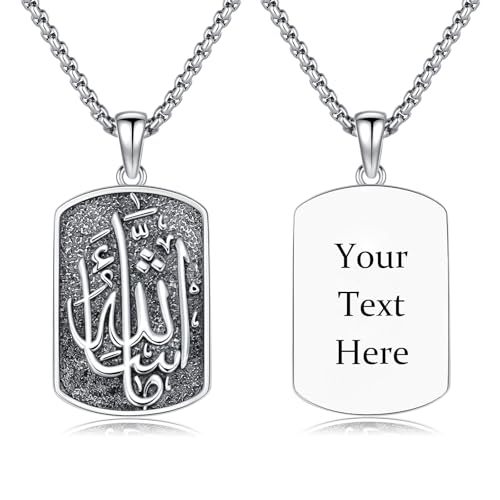 Allah Necklace 925 Sterling Silver Islamic Muslim Necklace Arabic Calligraphy Allah Dog Tag Pendant Islamic Jewelry gifts for Men Women - style: Allah-Mashallah-Custom