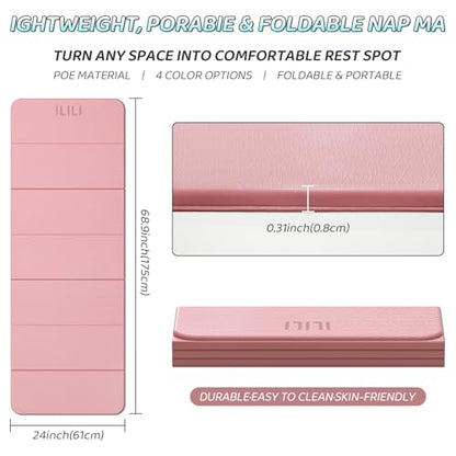 ILILI Foldable Yoga Mat 71 * 24 * 0.3 Inch | Lightweight TPE Non Slip Exercise Mat, Waterproof Portable Fitness Mat for Home Gym, Pilates, Stretching & Daily Workouts - color: Light Pink