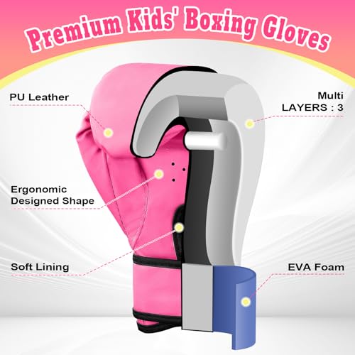 Kids Boxing Gloves for Boys & Girls, Youth Boxing Training Gloves for Kids Age 3 to 9 Years, 4OZ Training Sparring Gloves for Punching Bag Kickboxing Muay Thai MMA - color: Pink